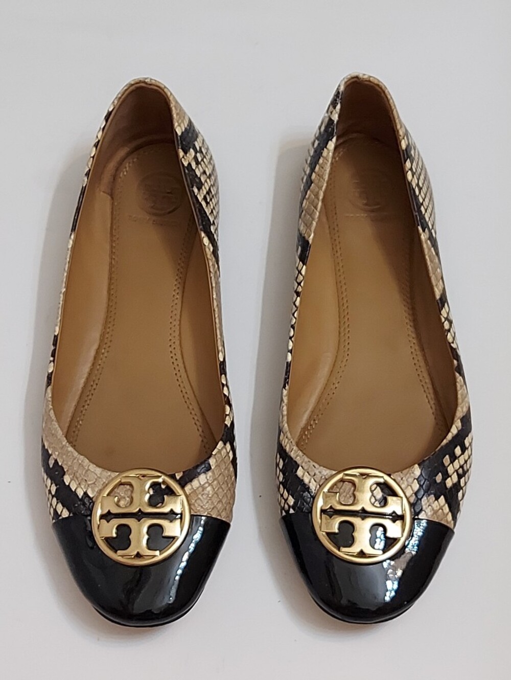 Tory Burch Black Patent Toe Snake-Print Ballet Flats with Gold Logo